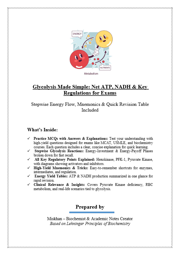 Glycolysis Exam Notes – Stepwise Reactions, Regulation, Mnemonics, ATP/NADH Tables & Practice MCQs