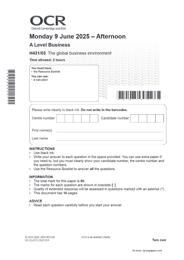 OCR A Level Business H431/03 The global business environment June 2025