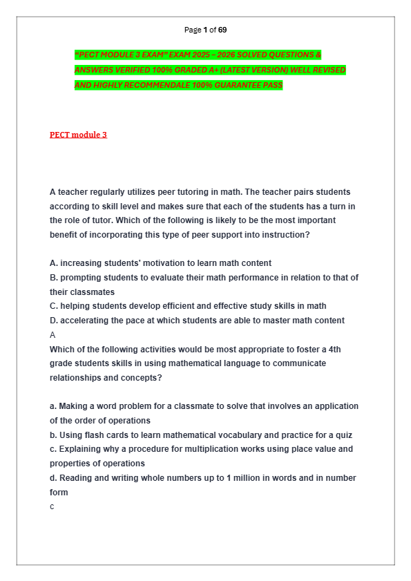 “PECT MODULE 3 EXAM” EXAM 2025 – 2026 SOLVED QUESTIONS &   ANSWERS VERIFIED 100% GRADED A+ (LATEST V