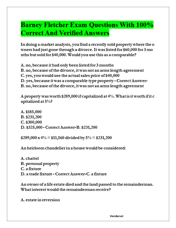 Barney Fletcher Real Estate Exam Guide 2025–2026 | 100% A+ Graded Q&A | Test Prep