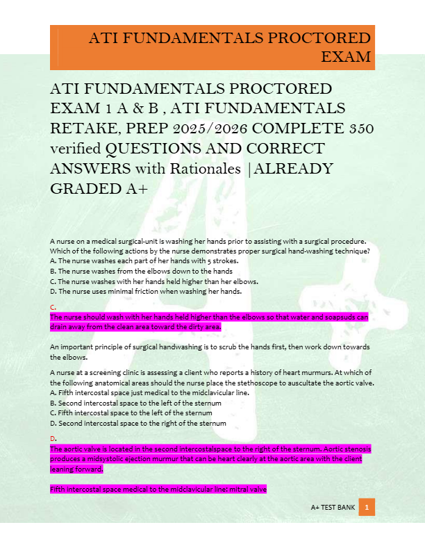 ATI FUNDAMENTALS PROCTORED  EXAM 1 A &amp; B , ATI FUNDAMENTALS  RETAKE, PREP 2025/2026 COMPLETE 350  ve