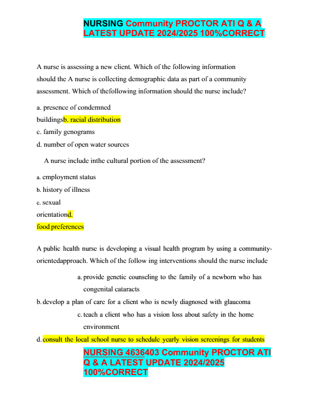 nursing community proctor ati exam all questions and 100% correct answers already graded a+