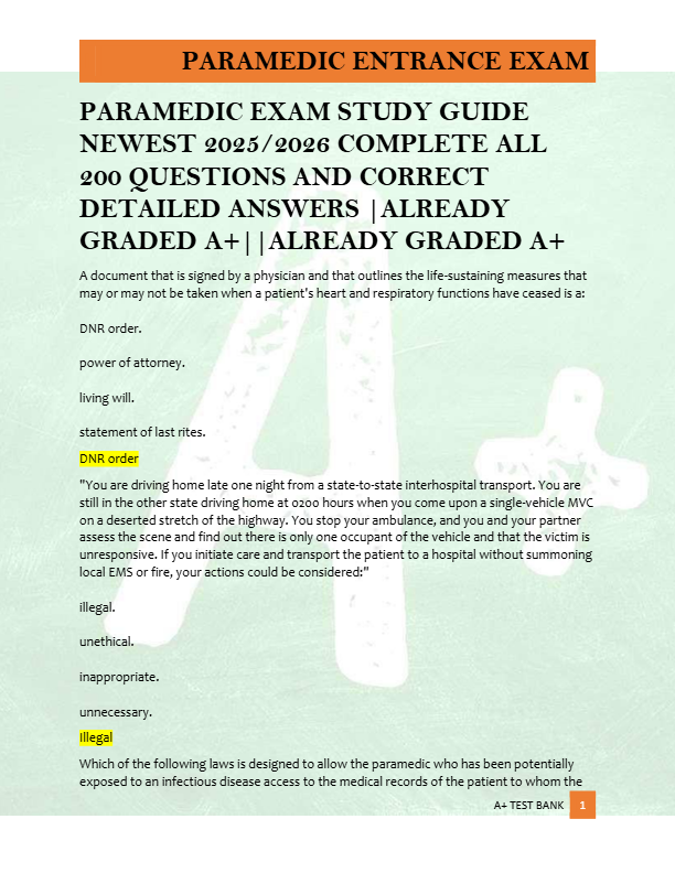 PARAMEDIC EXAM STUDY GUIDE  NEWEST 2025/2026 COMPLETE ALL  200 QUESTIONS AND CORRECT  DETAILED ANSWE
