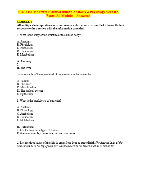 BIOD 151 M2 Exam Essential Human Anatomy & Physiology With lab  Exam All Modules - Answered
