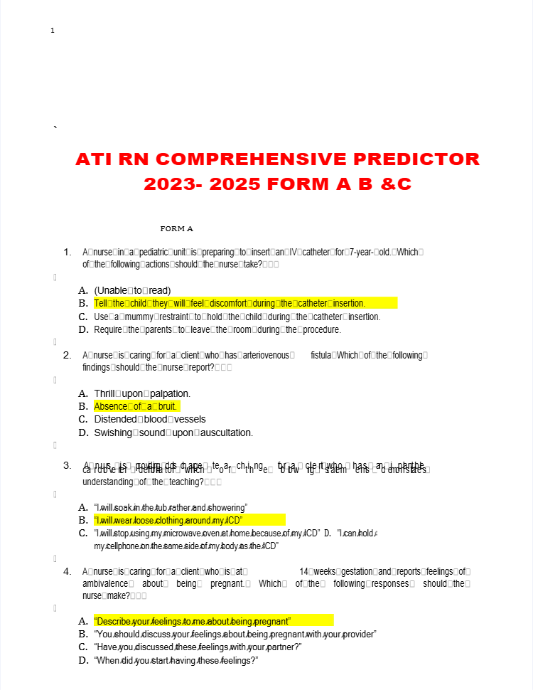 ATI RN COMPREHENSIVE PREDICTOR  2023- 2025 FORM A B &C