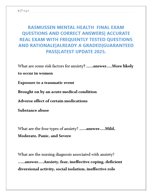 Rasmussen Mental Health Final Exam 2025: Accurate Questions & Answers | Guaranteed Pass