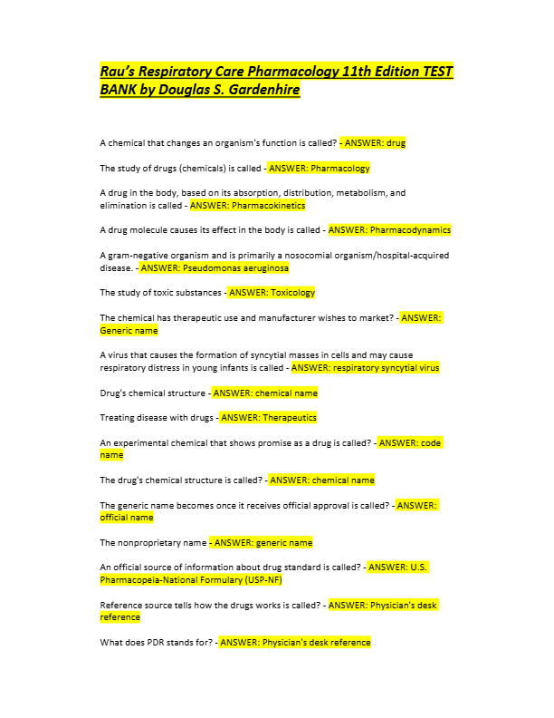 Rau’s Respiratory Care Pharmacology 11th Edition Test Bank | Douglas S. Gardenhire | Chapter 1–23 Q&