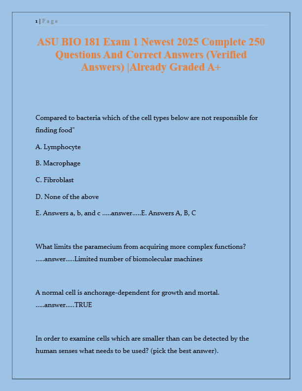 ASU BIO 181 Exam 1 2025 | 250 Complete Questions & Verified Answers | Graded A+