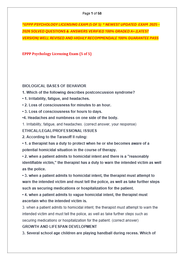 “EPPP PSYCHOLOGY LICENSING EXAM (5 OF 5)  “ NEWEST UPDATED  EXAM  2025 –  2026 SOLVED QUESTIONS &  A