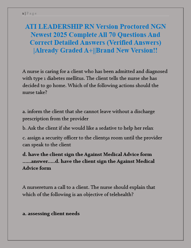 ATI Leadership RN Proctored NGN Exam 2025 | 70 Verified Questions & Detailed Answers | Graded A+