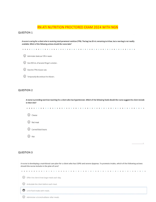 RN ATI Nutrition Proctored Exam 2024 – NGN Questions & Verified Answers