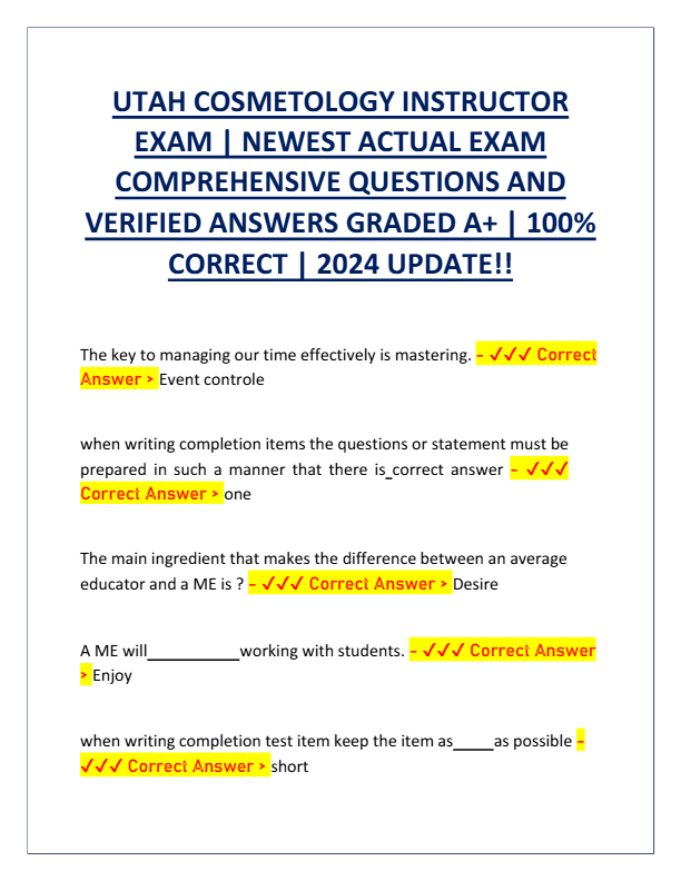 2025 Utah Cosmetology Instructor Exam Guide: Newest Actual Questions & Verified Answers | Graded A+