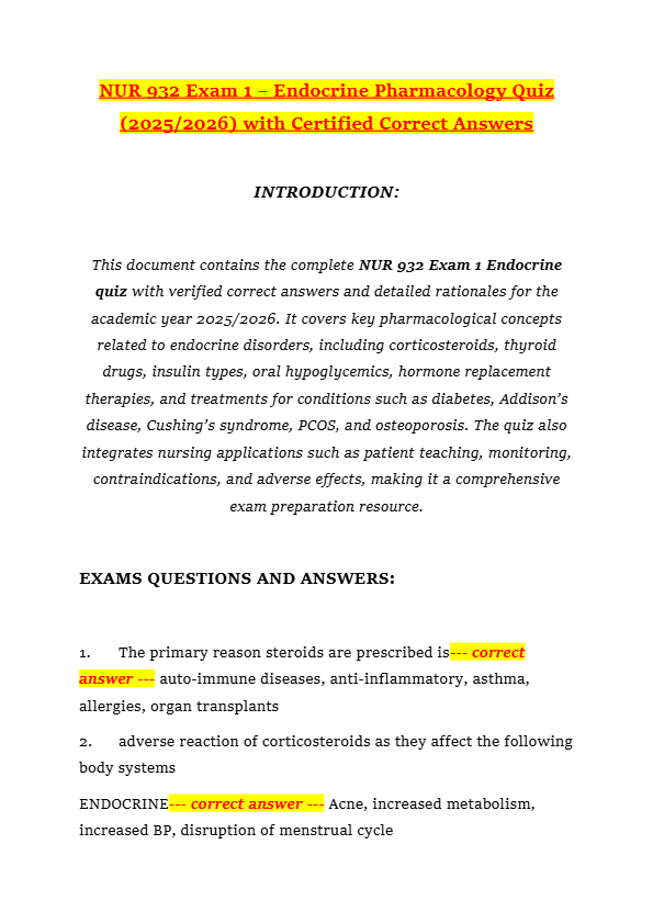 NUR 932 Exam 1 – Endocrine Pharmacology Quiz (2025/2026) with Certified Correct Answers