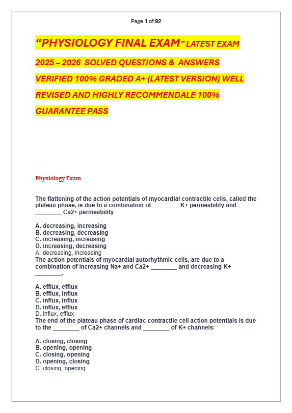 “PHYSIOLOGY FINAL EXAM” LATEST EXAM  2025 – 2026  SOLVED QUESTIONS &  ANSWERS  VERIFIED 100% GRADED