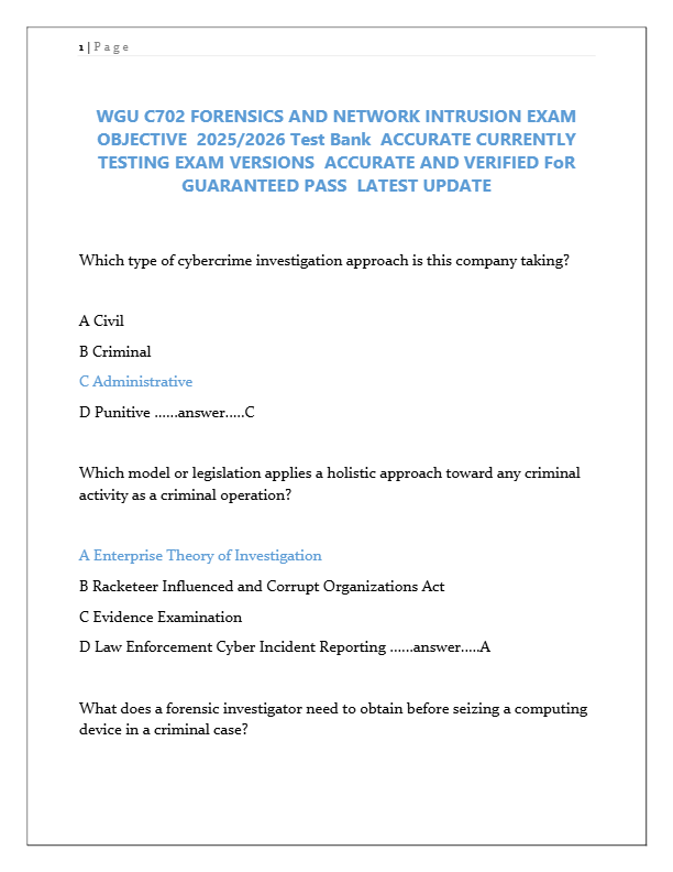 WGU C702 Forensics and Network Intrusion Exam 2025/2026 – Actual Test Bank with Verified Answers for