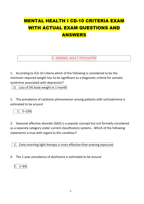 MENTAL HEALTH I CD-10 CRITERIA EXAM  WITH ACTUAL EXAM QUESTIONS AND  ANSWERS