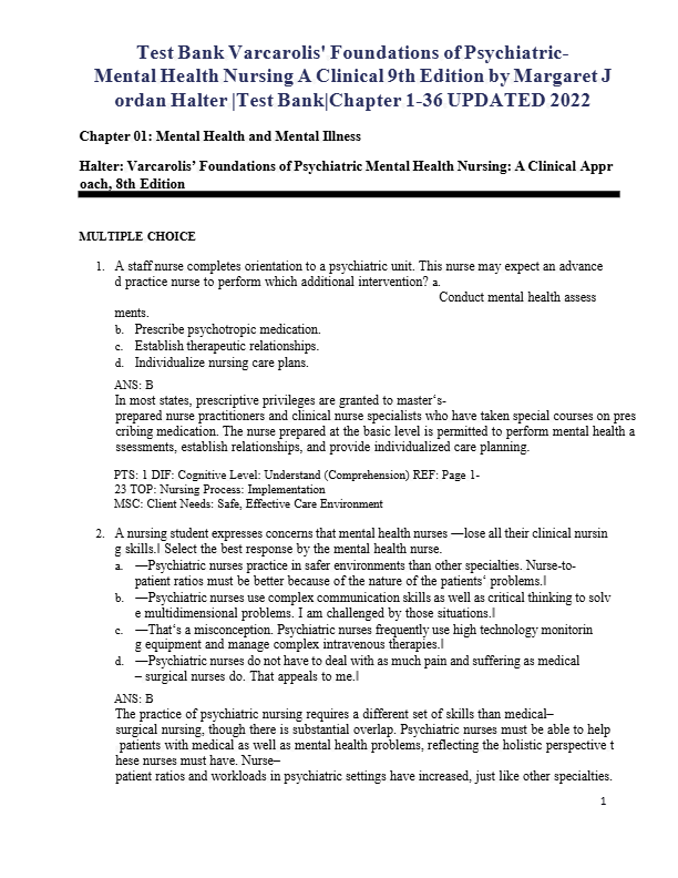Test Bank for Varcarolis' Foundations of Psychiatric Mental Health Nursing 9th Edition | Chapter 1-3