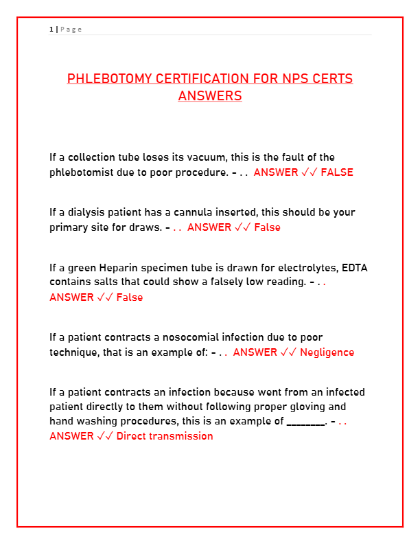 Phlebotomy Certification Exam for NPS Certs: Questions & Answers | Study Guide