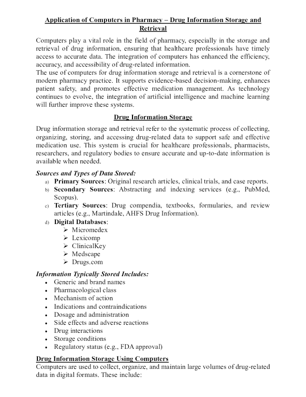 Applications Of Computers In Pharmacy , BPharm Sem-ll