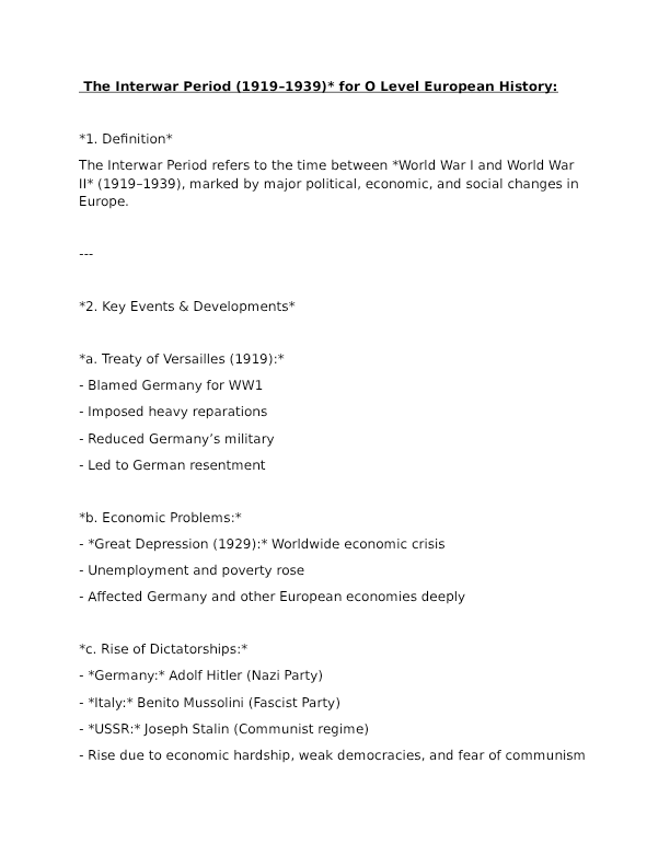 European O & A Level History: The Interwar Period of 1919-1939