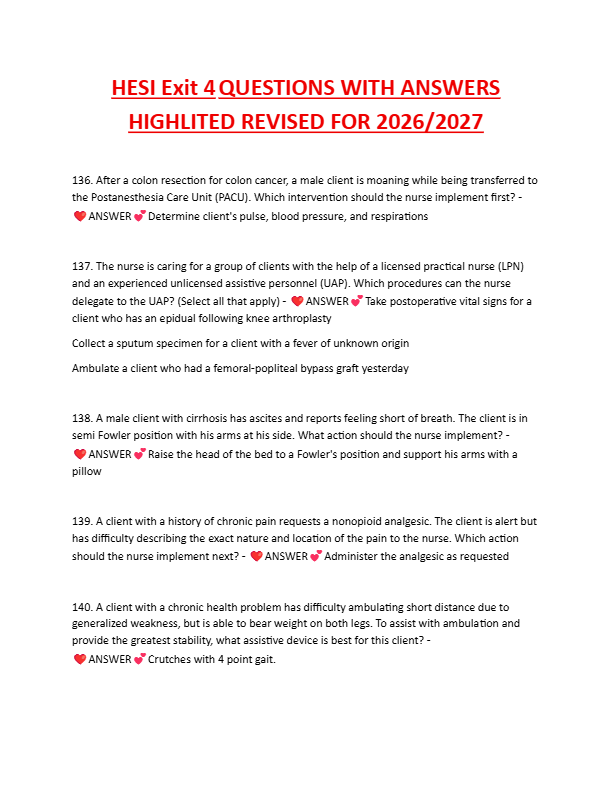 HESI Exit Exam 4 2026–2027 | Questions with Highlighted Answers – Revised