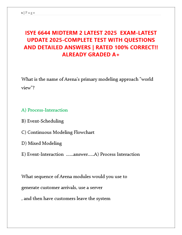 ISYE 6644 Midterm 2 2025: Latest Exam Questions & Verified Answers (Rated A+)