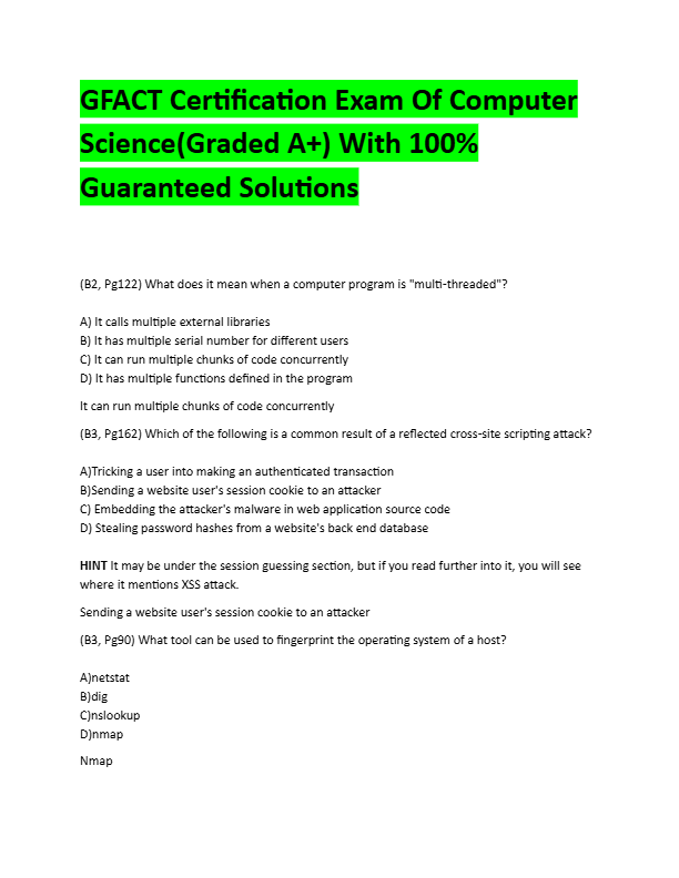 GFACT Certification Exam Of Computer  Science(Graded A+) With 100%  Guaranteed Solutions
