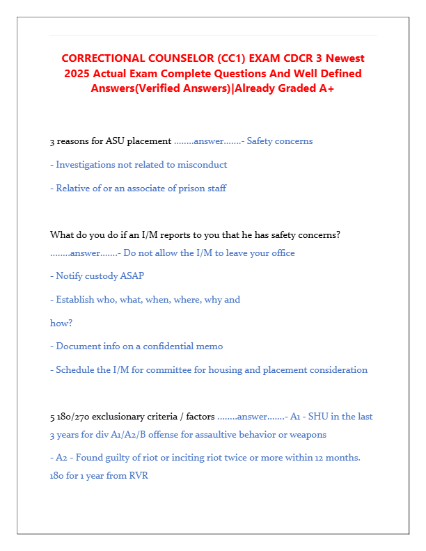 CDCR Correctional Counselor (CC1) Exam 2025 – Complete Questions & Verified Answers | Graded A+ | Ne