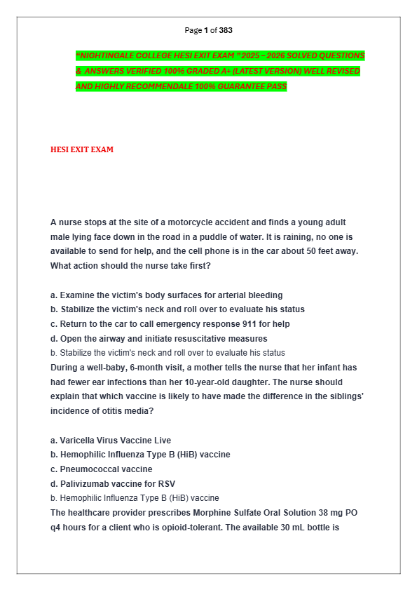 “NIGHTINGALE COLLEGE HESI EXIT EXAM ” 2025 – 2026 SOLVED QUESTIONS  &  ANSWERS VERIFIED 100% GRADED