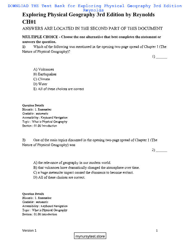 Test Bank for Living Physical Geography 1st Ed | Bruce Gervais | All Chapters 1-19 | 2025