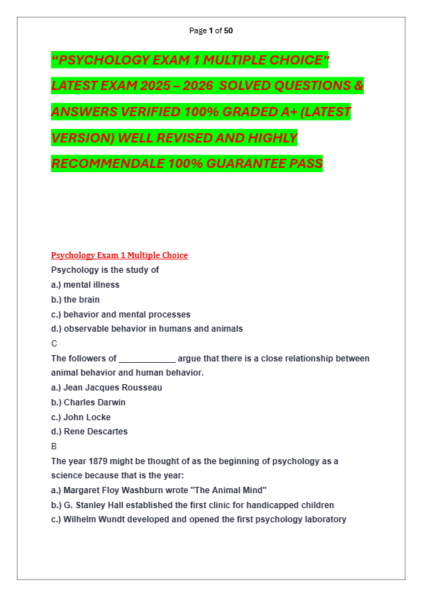 “PSYCHOLOGY EXAM 1 MULTIPLE CHOICE”  LATEST EXAM 2025 – 2026  SOLVED QUESTIONS &   ANSWERS VERIFIED