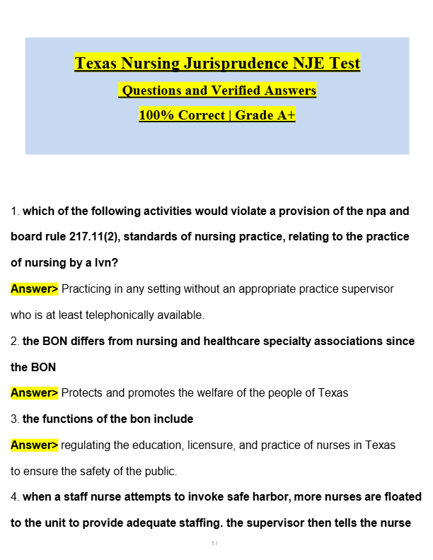 Texas Nursing Jurisprudence Exam Prep 2025–2026 – Complete Practice Test with 100% Verified Answers