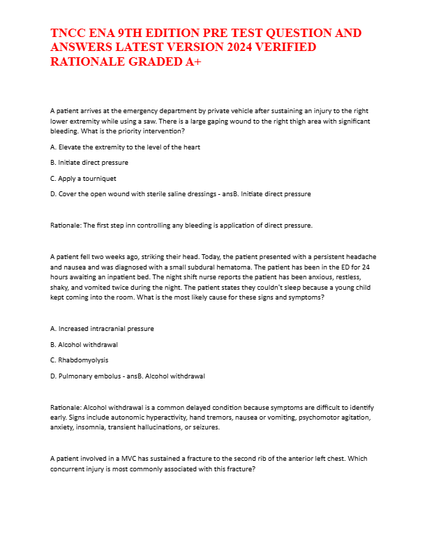 TNCC ENA 9th Edition PreTest 2025–2026 – Questions & 100% Correct Answers | Trauma Nursing Core Cour