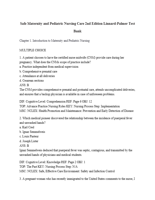 Test Bank for Safe Maternity & Pediatric Nursing Care 2nd edition by Linnard-palmer