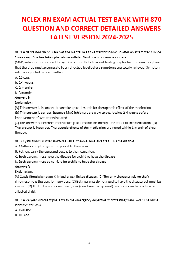 NCLEX RN EXAM ACTUAL TEST BANK WITH 870  QUESTION AND CORRECT DETAILED ANSWERS  LATEST VERSION