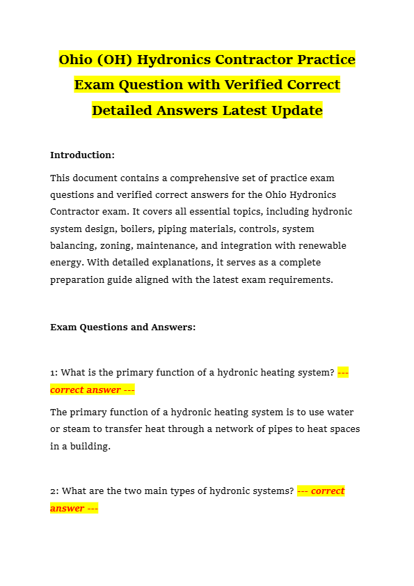 Ohio (OH) Hydronics Contractor Practice Exam Question with Verified Correct Detailed Answers Latest