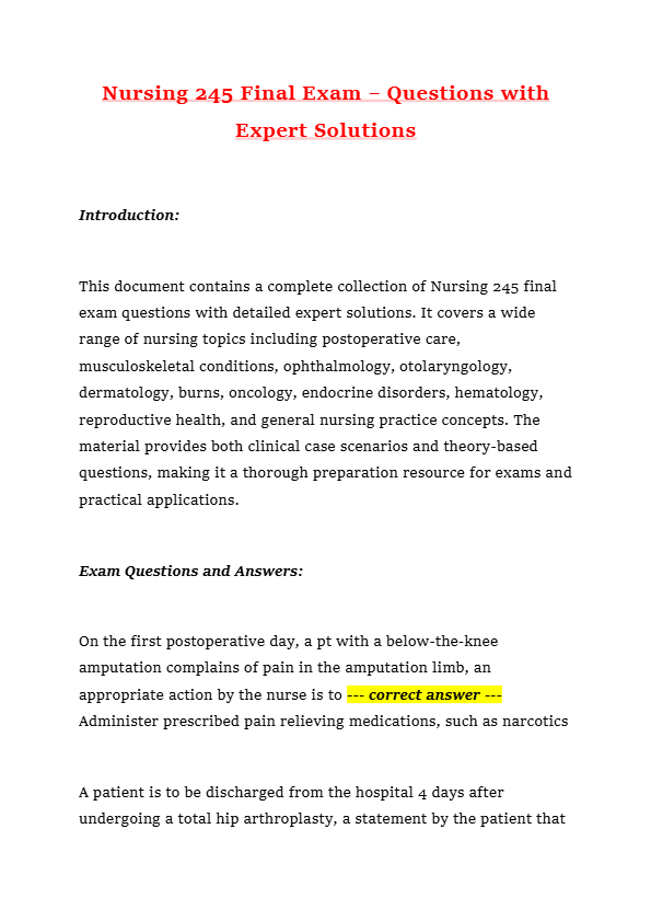 Nursing 245 Final Exam – Questions with Expert Solutions