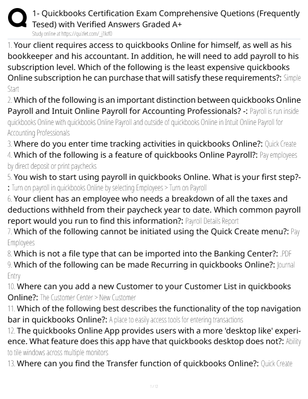 1- Quickbooks Certification Exam Comprehensive Quetions (Frequently Tested) with Verified Answers Gr