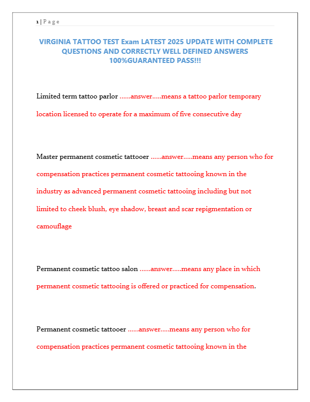 Virginia Tattoo License Exam 2025 | Complete Study Guide & Practice Questions | Guaranteed Pass