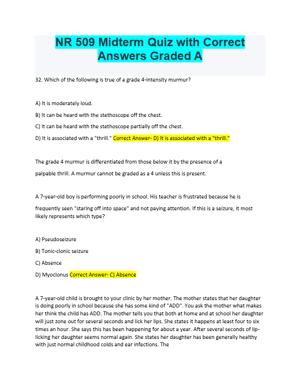NR 509 Midterm Quiz with Correct  Answers Graded A