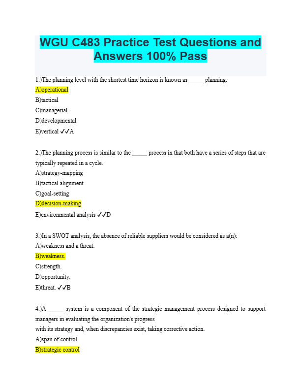 WGU C483 Practice Test Questions and  Answers 100% Pass