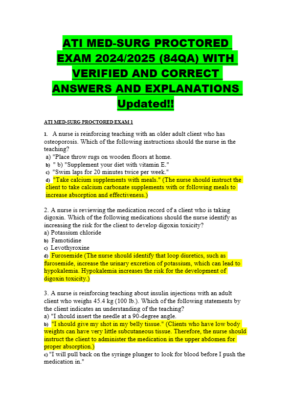 ATI MED-SURG PROCTORED  EXAM 2024/2025 (84QA) WITH  VERIFIED AND CORRECT  ANSWERS AND EXPLANATIONS