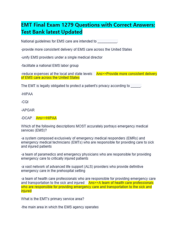 EMT Final Exam 1279 Questions with Correct Answers:  Test Bank latest Updated