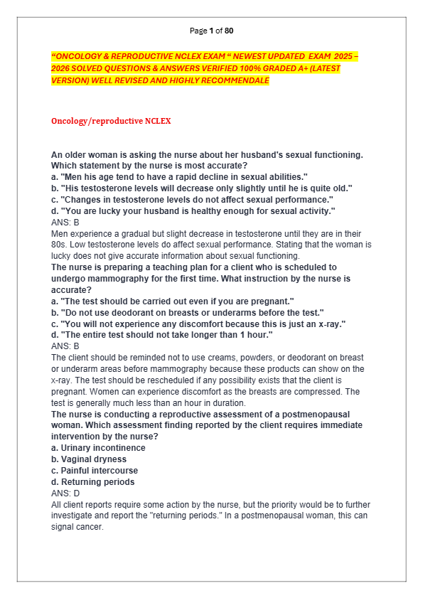 “ONCOLOGY & REPRODUCTIVE NCLEX EXAM “ NEWEST UPDATED  EXAM  2025 –  2026 SOLVED QUESTIONS & ANSWER