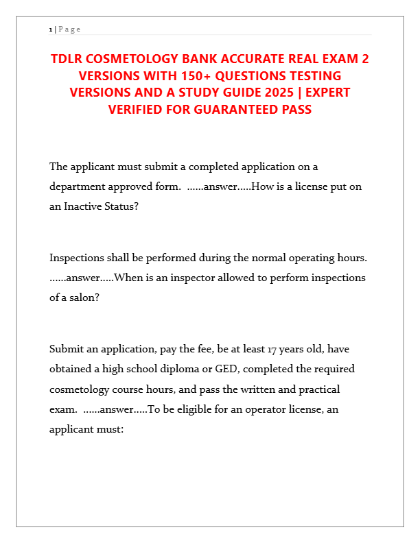 TDLR Cosmetology Exam 2025 – 2 Versions & 150+ Practice Questions | Accurate Real Test Bank | Expert