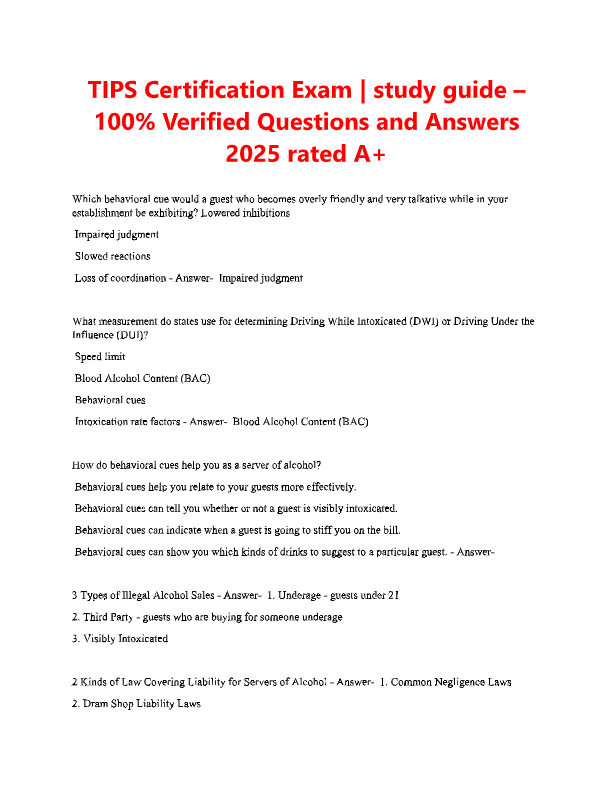 TIPS Certification Exam Prep 2025–2026 – Questions & Answers with 100% Pass Guarantee | Alcohol Serv