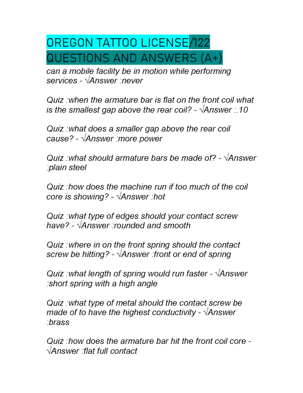 Oregon Tattoo License Exam 2025-2026 | Complete Study Guide with 100% Verified Questions & Answers