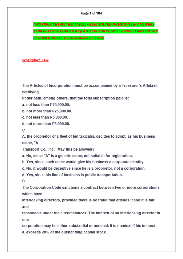 “WORKPLACE LAW” EXAM 2025 – 2026 SOLVED QUESTIONS &  ANSWERS  VERIFIED 100% GRADED A+ (LATEST VERSIO