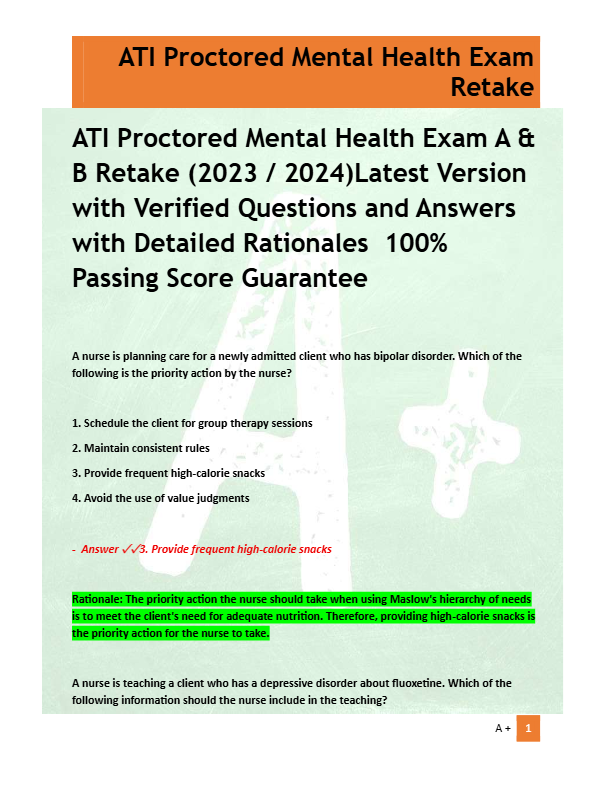 ATI Proctored Mental Health Exam A &  B Retake (2023 / 2024)Latest Version  with Verified Questions