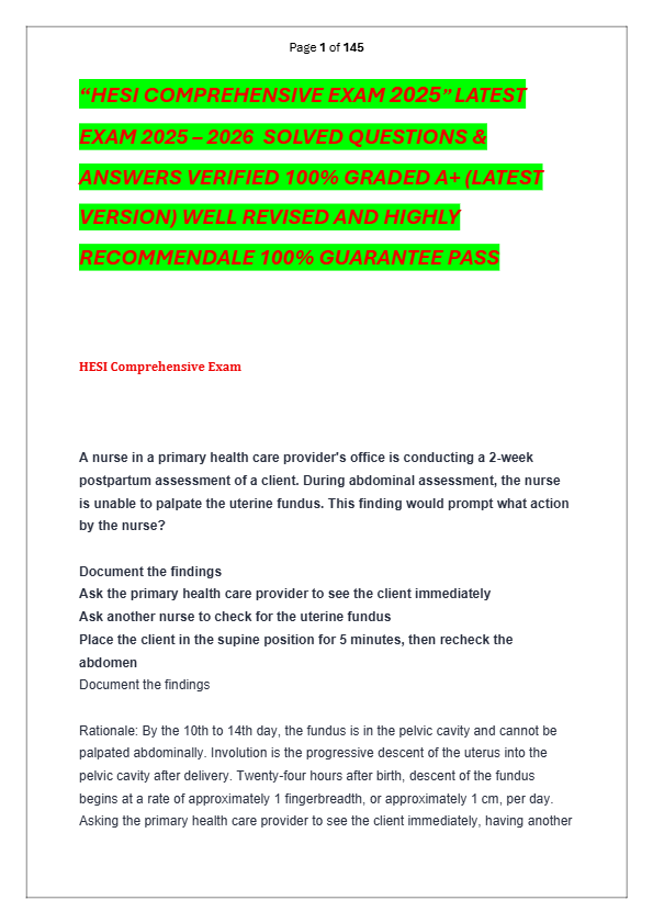 “HESI COMPREHENSIVE EXAM 2025” LATEST  EXAM 2025 – 2026  SOLVED QUESTIONS &   ANSWERS VERIFIED 100%